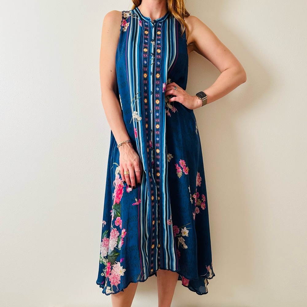 Johnny Was Willowa Kirra Floral Sleeveless Slip Dress Boho Striped Embroidered